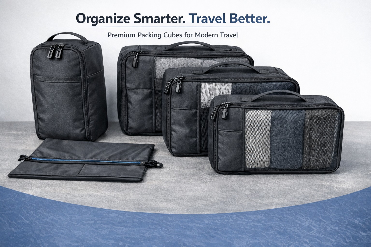 Modular packing cubes and travel organizers set arranged on a surface